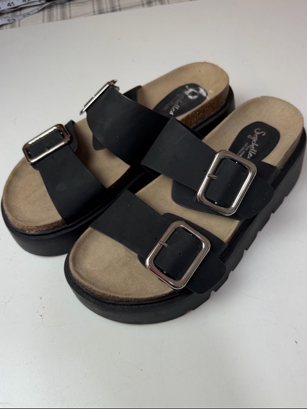 Seychelles Black Tawny‎ Double Buckle Platform Slide On Sandals 8-8.5? *READ*
